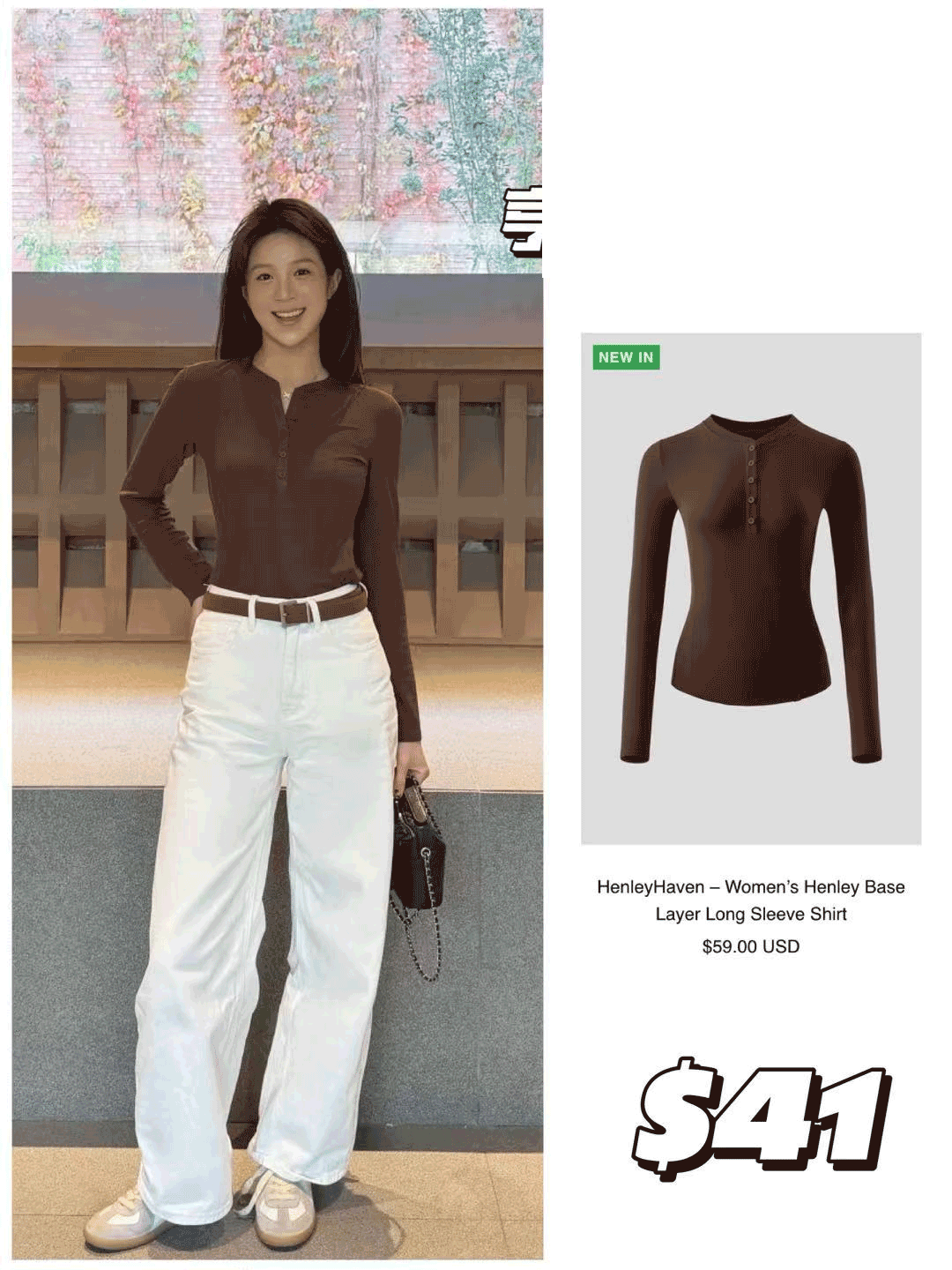 Model wearing a long-sleeved Henley neck thermal base layer top.
