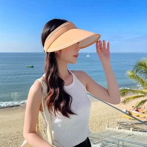 夏季网红同款时尚空顶防紫外线遮阳黑胶草帽大檐小标uv防晒帽女潮