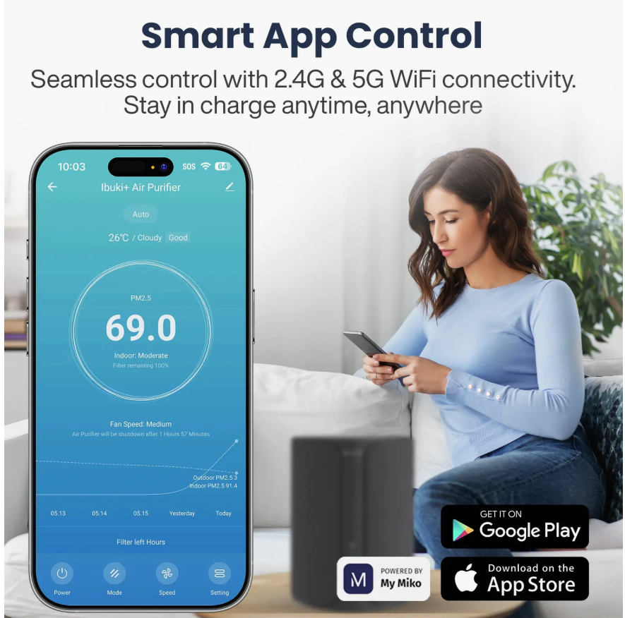 Image showing the MIKO Air Purifier connected to the smartphone app for control.