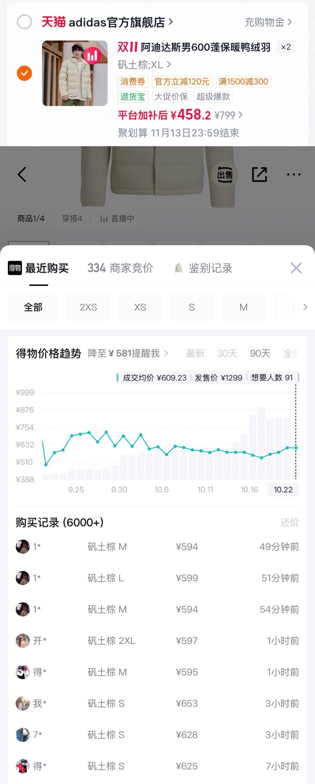 阿迪达斯羽绒服新增补贴：用-300券到手价仅430元，得物售价594