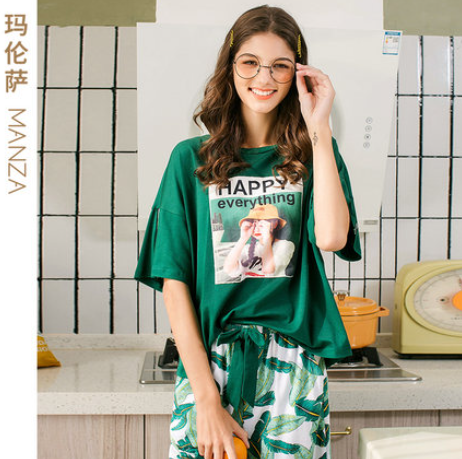 49元包邮！玛伦萨 夏季薄款可外穿短袖印花休闲家居服套装 4款