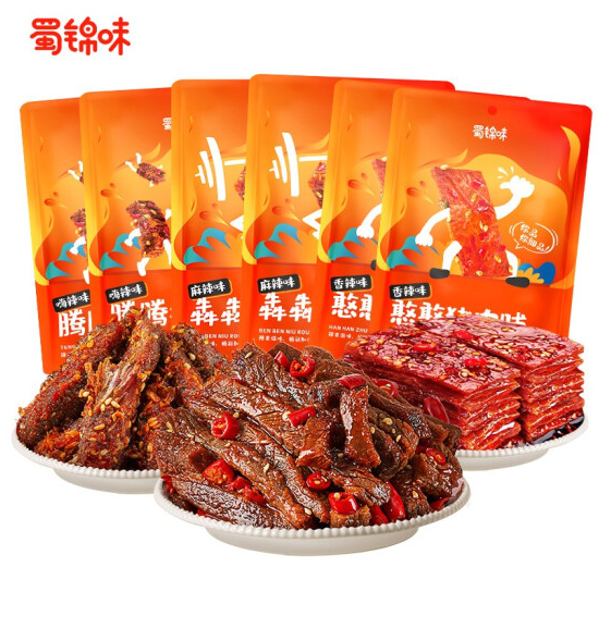 77.4元！蜀锦味纯肉零食组合600g牛肉猪肉脯6袋装*2件