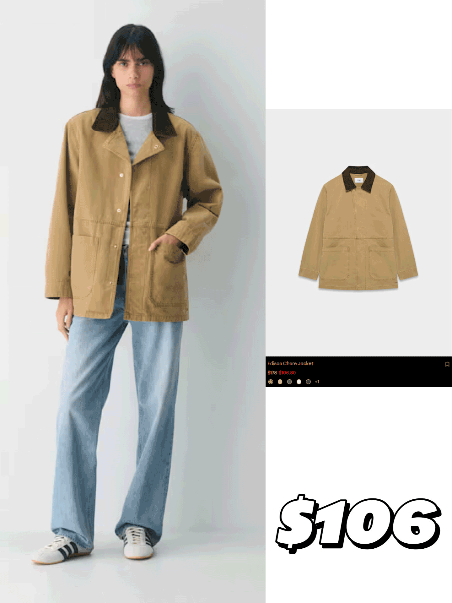 Model wearing a green American vintage corduroy collar workwear jacket from Aritzia.