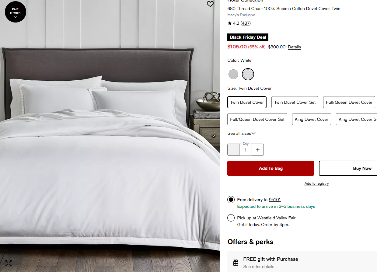 Second image showcasing the Hotel Collection bedding line, available at a deep discount during the Macy's Black Friday event.