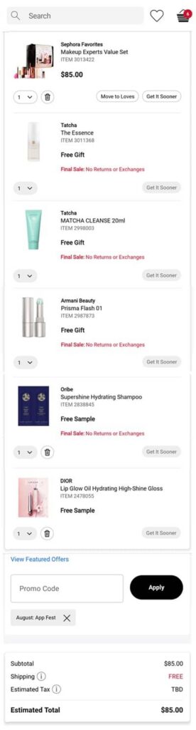 Sephora App Cart Example Showing Makeup Experts Set and SCOREMORE Promo Code Applied