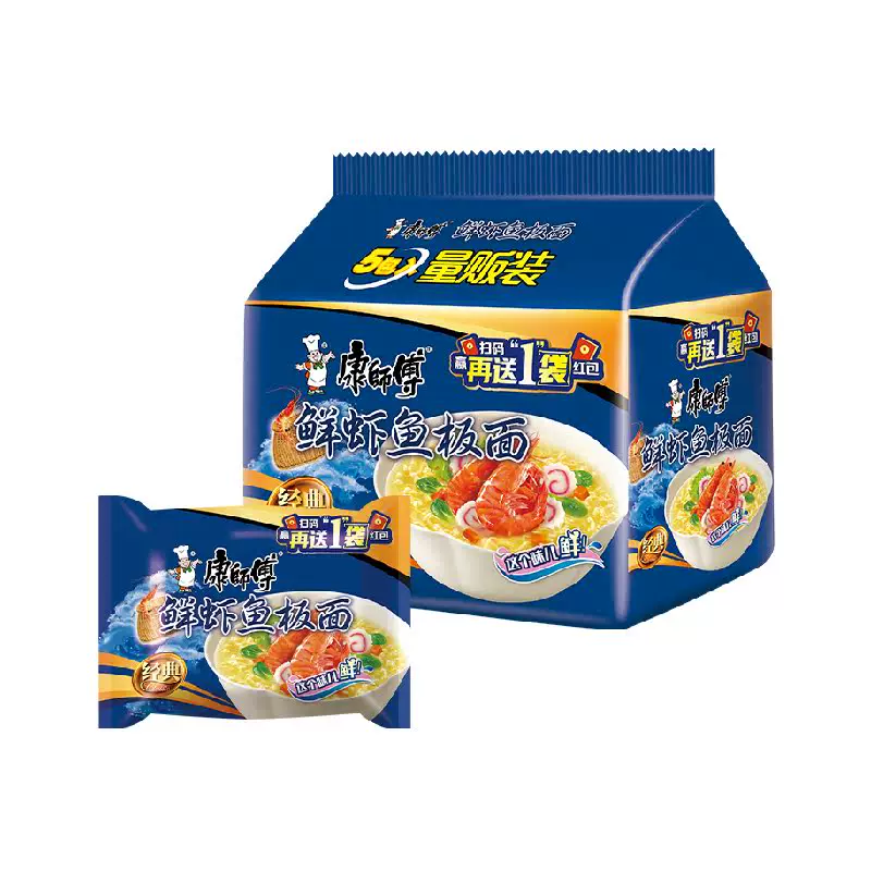 康师傅经典袋鲜虾鱼板面85g*5袋