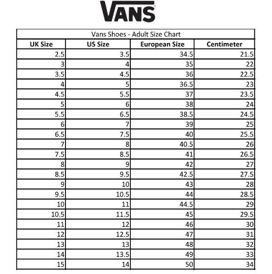 vans鞋子尺码对照表图片