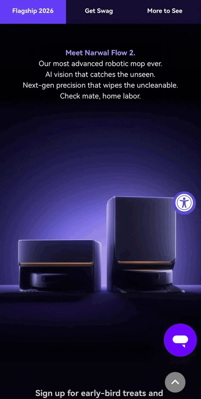 Narwal Flow 2 robot vacuum teaser image showing a sleek, modern design against a dark background.