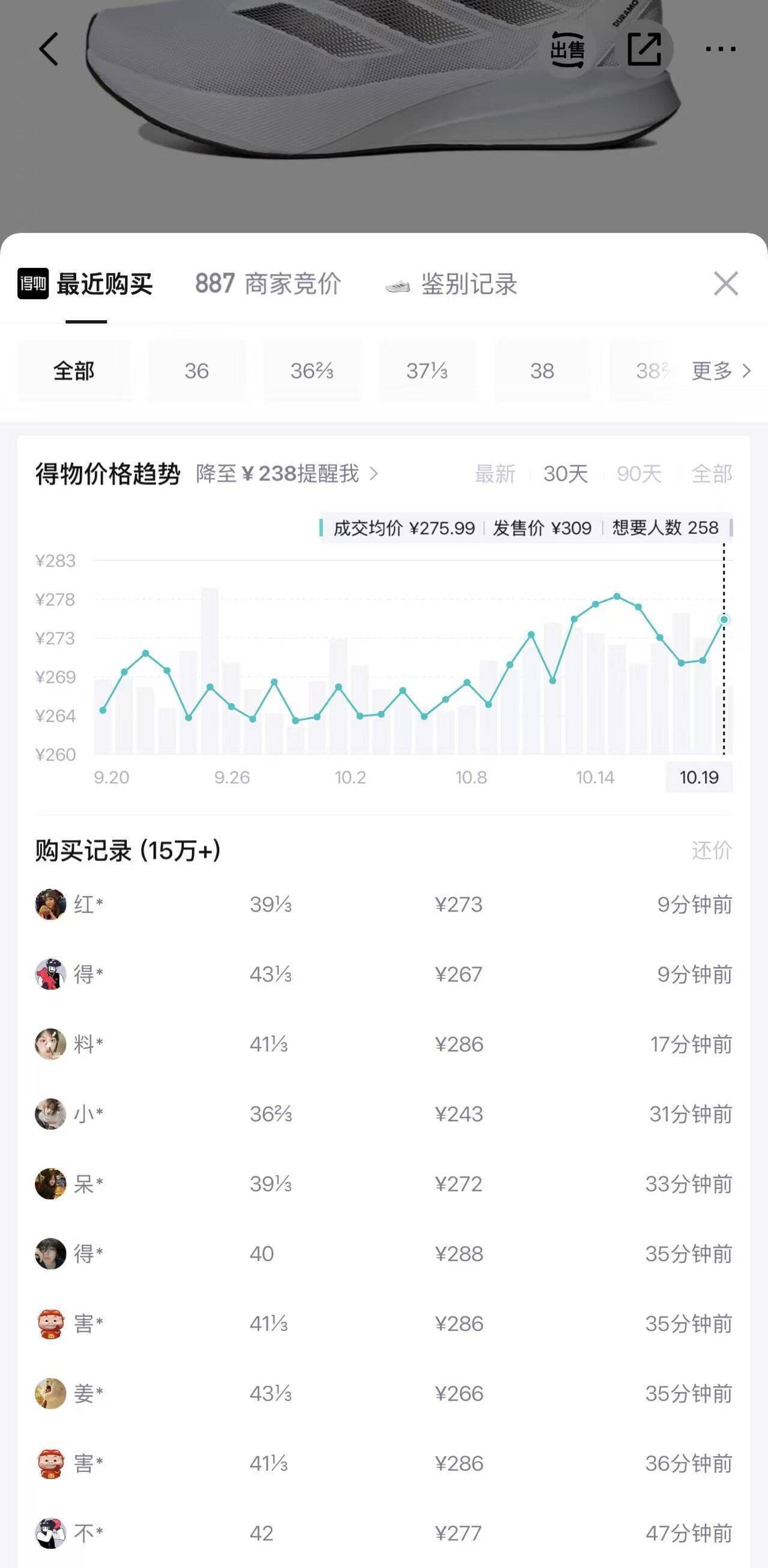 阿迪达斯小RC跑鞋到手价196元，得物售价280元，限时抢购