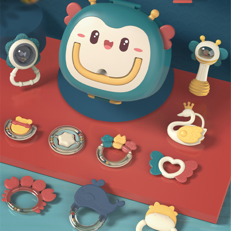 婴儿手摇铃玩具礼盒装早教抓握可啃咬牙胶