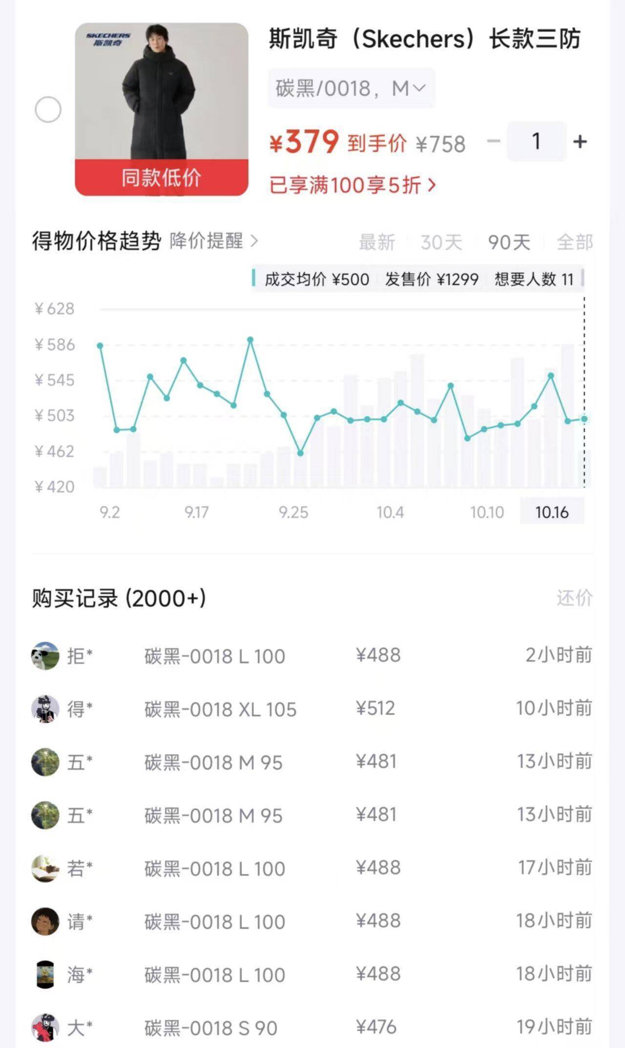 斯凯奇三防长款羽绒服到手379元