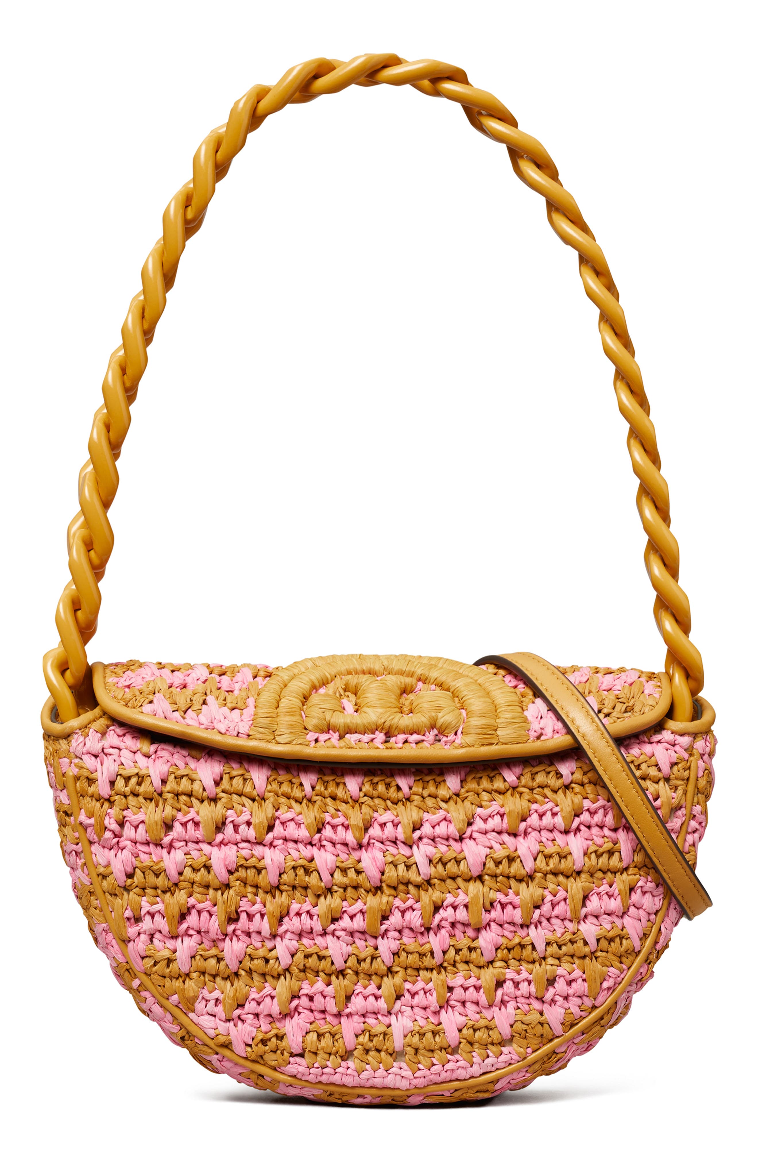 Tory Burch Mini Fleming Soft Raffia Crochet Crescent Shoulder Bag