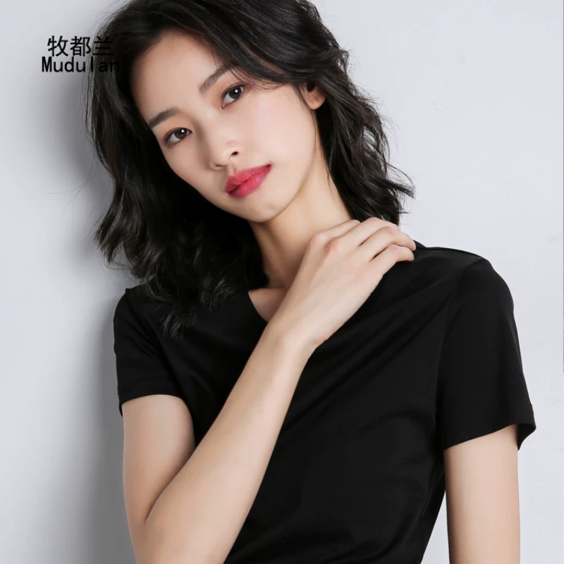 b牧都兰纯棉T恤女修身显瘦韩版打底百搭圆领2026短袖春夏款上衣