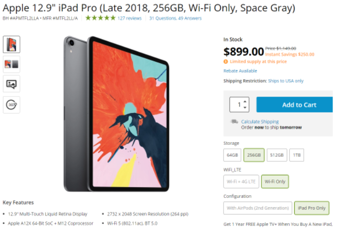 Apple iPad Pro 256GB Wi-Fi版2018款灰色12.9寸平板电脑,折后$899 - 拔草哦