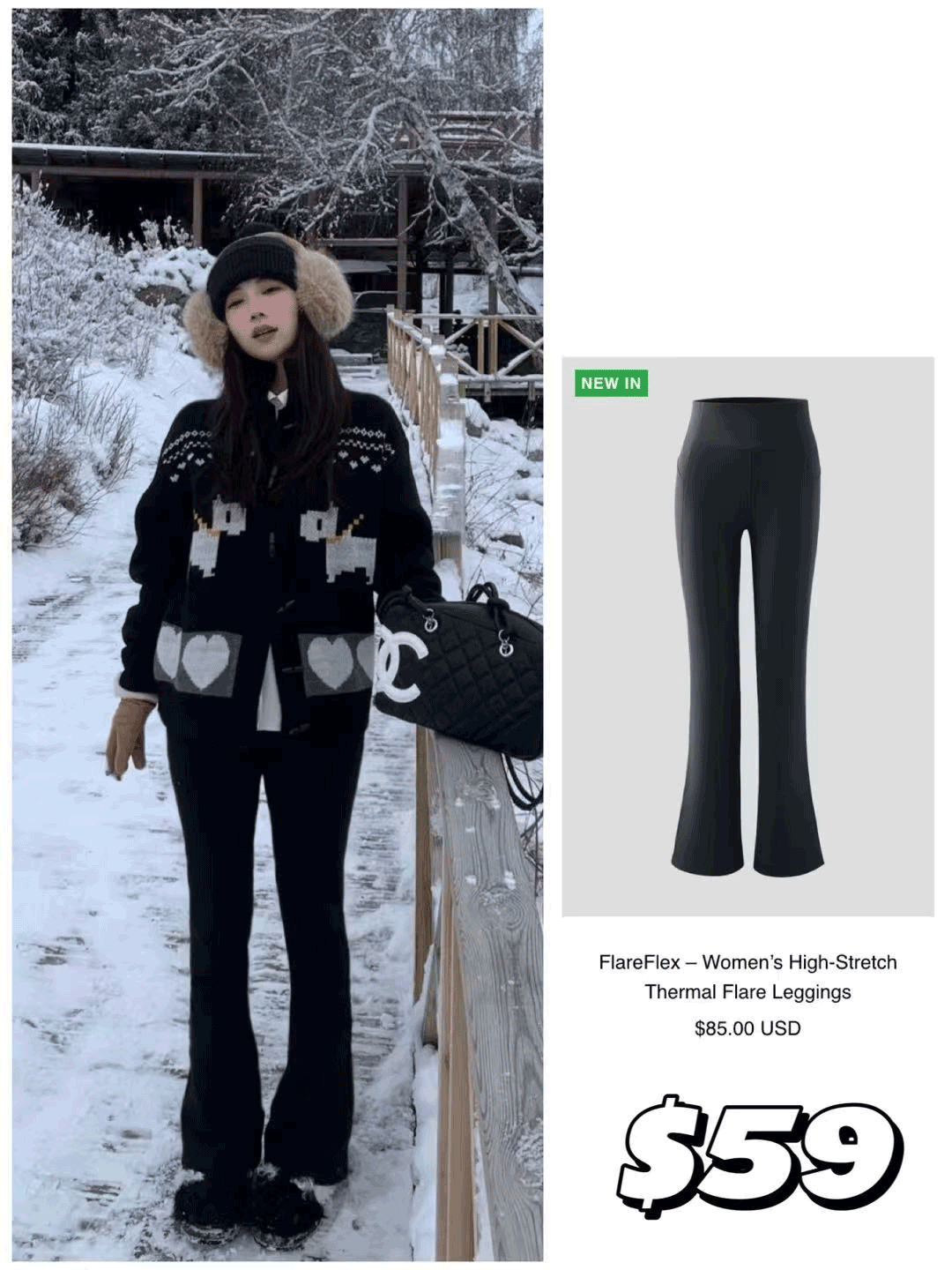 Model wearing thermal, fleece-lined flare pants for winter wear.