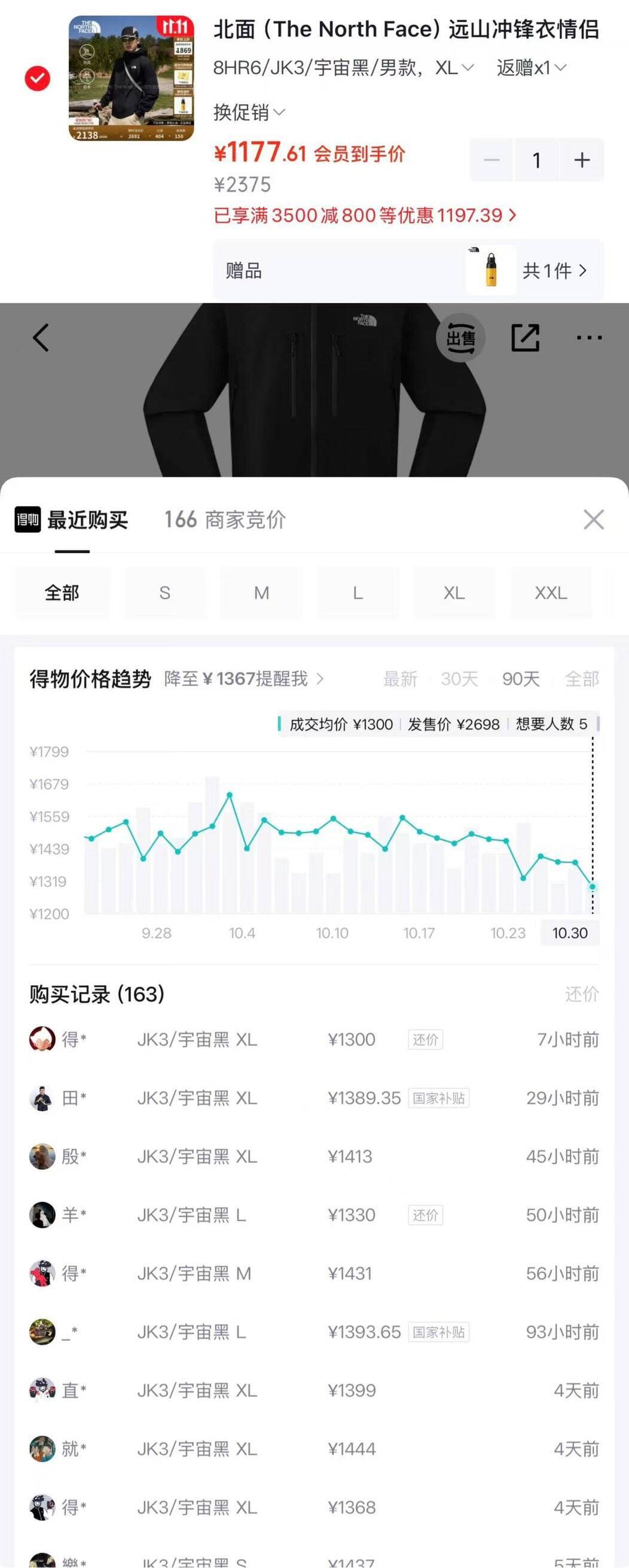 北面冲锋衣购物金到手1036元，得物价1389元再赠保温杯