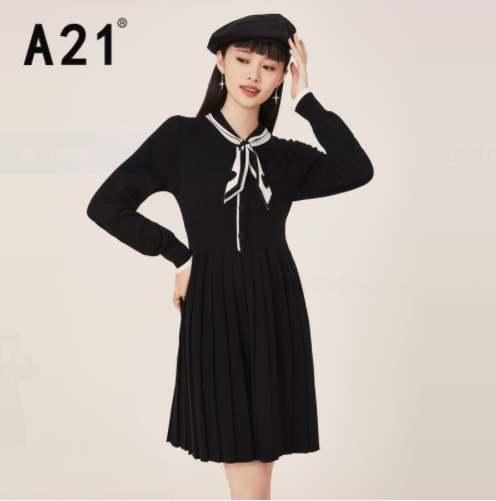 69元包邮！A21 女士中长款蝴蝶领百褶连衣裙
