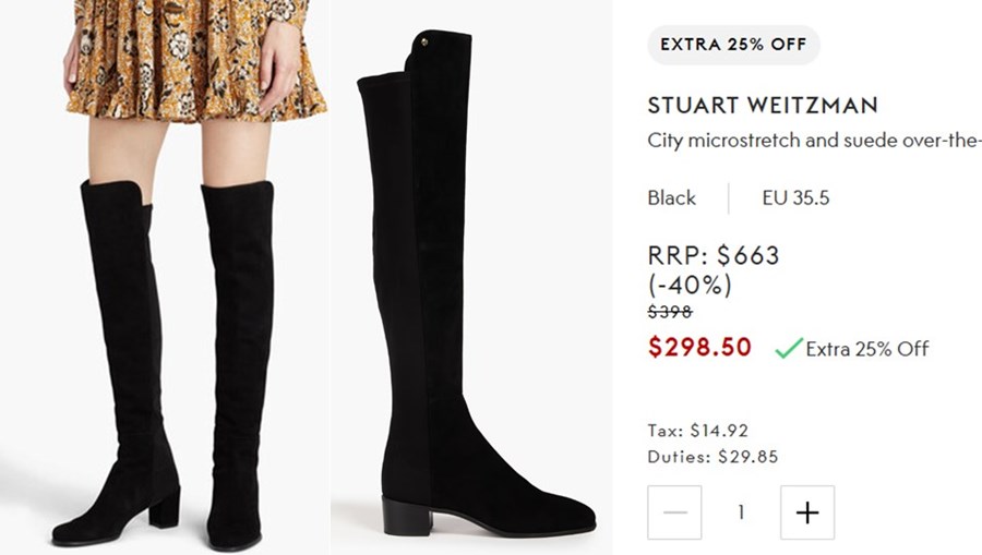 Model wearing Stuart Weitzman City microstretch over-the-knee boots with a black skirt.