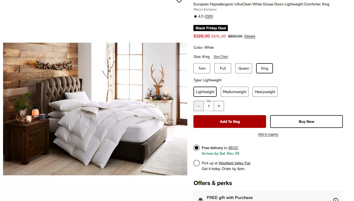 Image showing the luxurious Hotel Collection White Goose Down Comforter featured in the Macy's Black Friday sale.