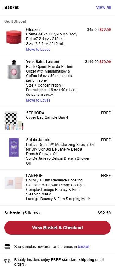 Screenshot of Sephora shopping cart showing discounted prices.