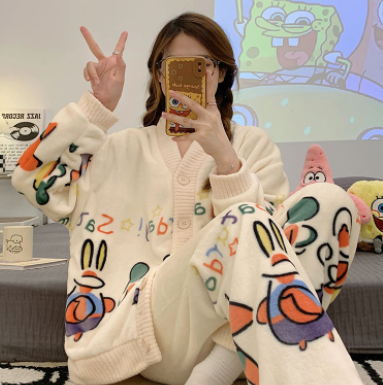 39.9元包邮！秋冬季珊瑚绒加绒加厚家居服套装