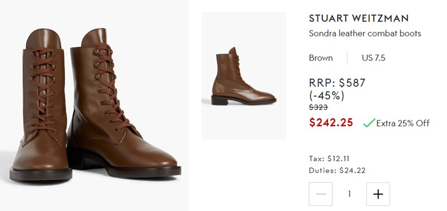 Close-up of the Stuart Weitzman black leather Sondra combat boots.