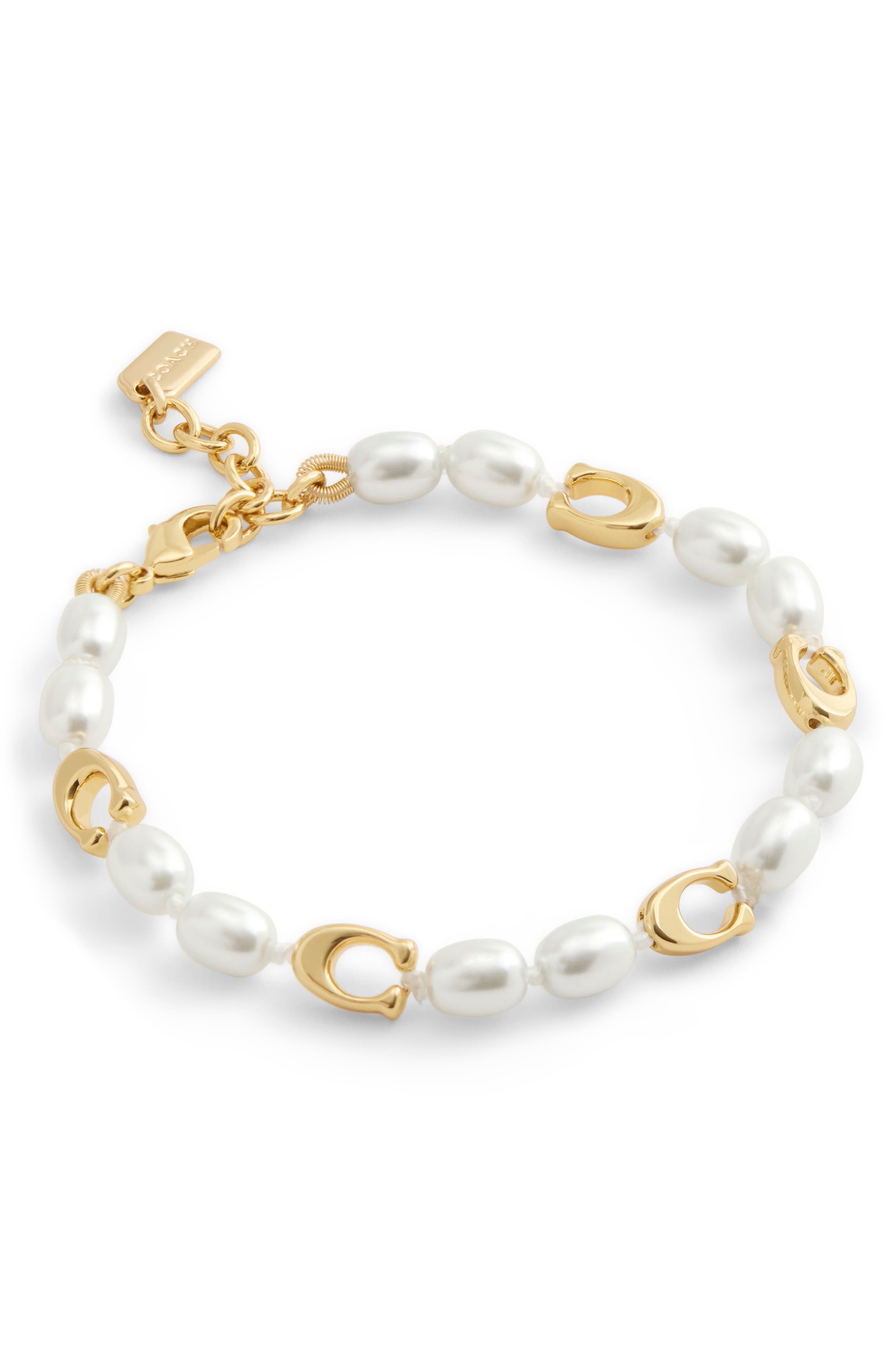 COACH Faux Pearl Logo Charm Bracelet