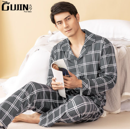 59元包邮！古今 2021秋季新款男士格子印花长袖家居服套装 多色