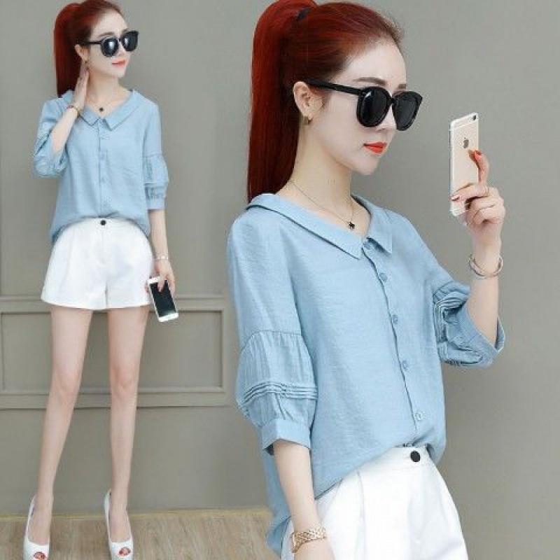 女中袖宽松遮肚上衣V领韩版百搭衬衫