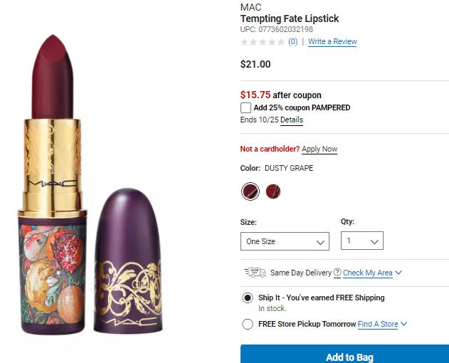 降价!2021秋季限量款MAC魅可TEMPTING FATE口红,75折$15.75