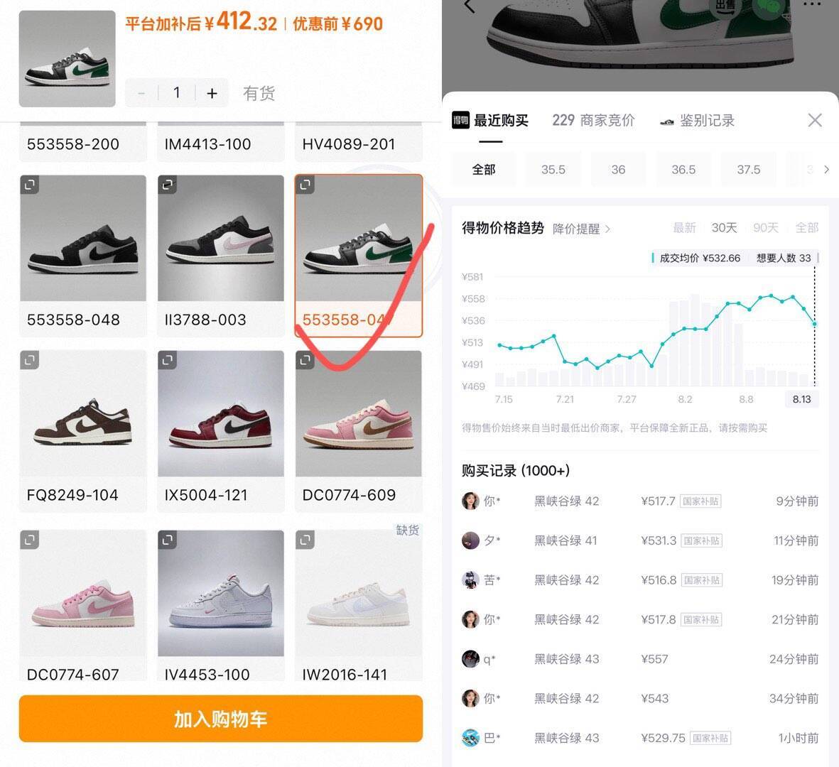 绿AJ运动鞋领礼金拍到手422元，得物售价540元