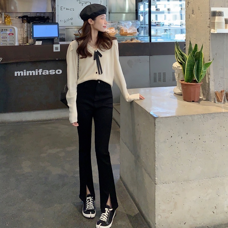 FFBLUE早春微喇开叉牛仔裤女