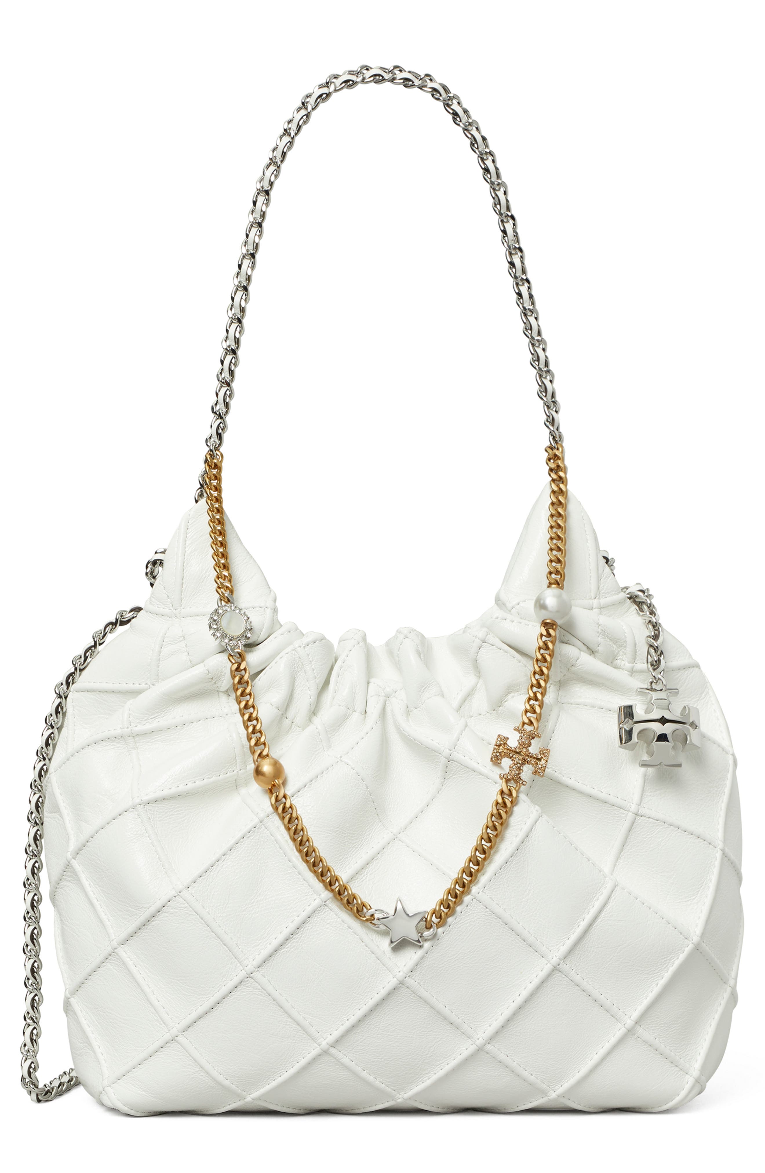 Tory Burch Mini Fleming Distressed Leather Hobo 汤丽柏琦购物袋 Blanc