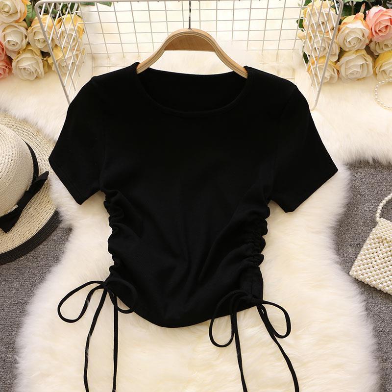 【京东商城】溪诞 新款圆领抽绳百搭显瘦上衣女 黑色 S 95斤内