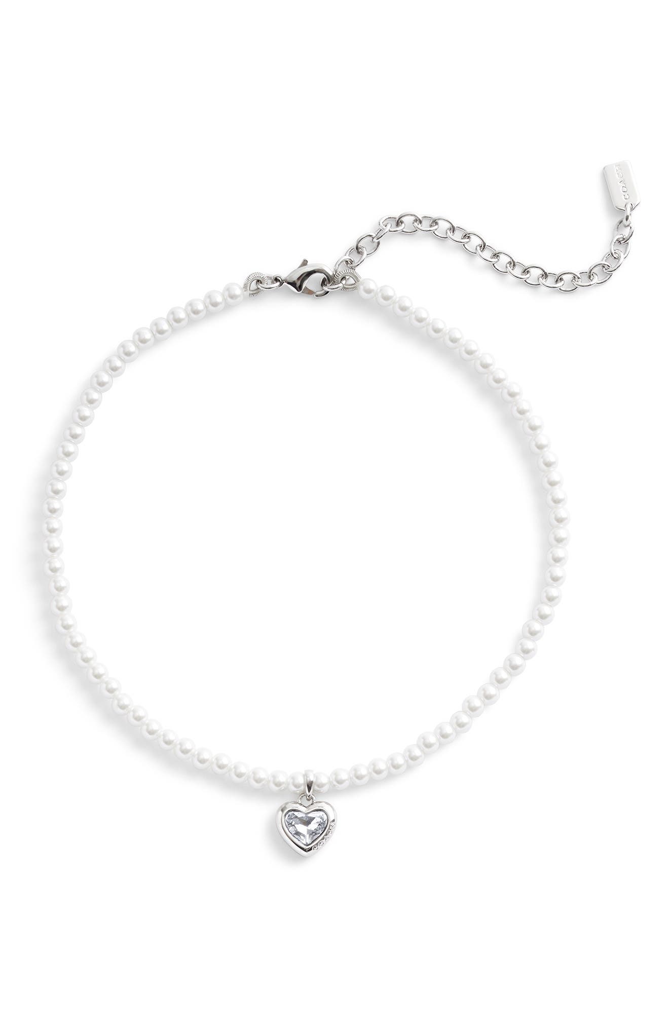 COACH Heart Pendant Imitation Pearl Choker Necklace