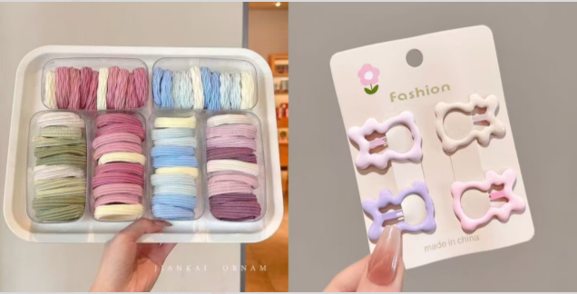 1.76元奶油色迷你碎发BB夹4件套+1.01元高弹力发圈10条