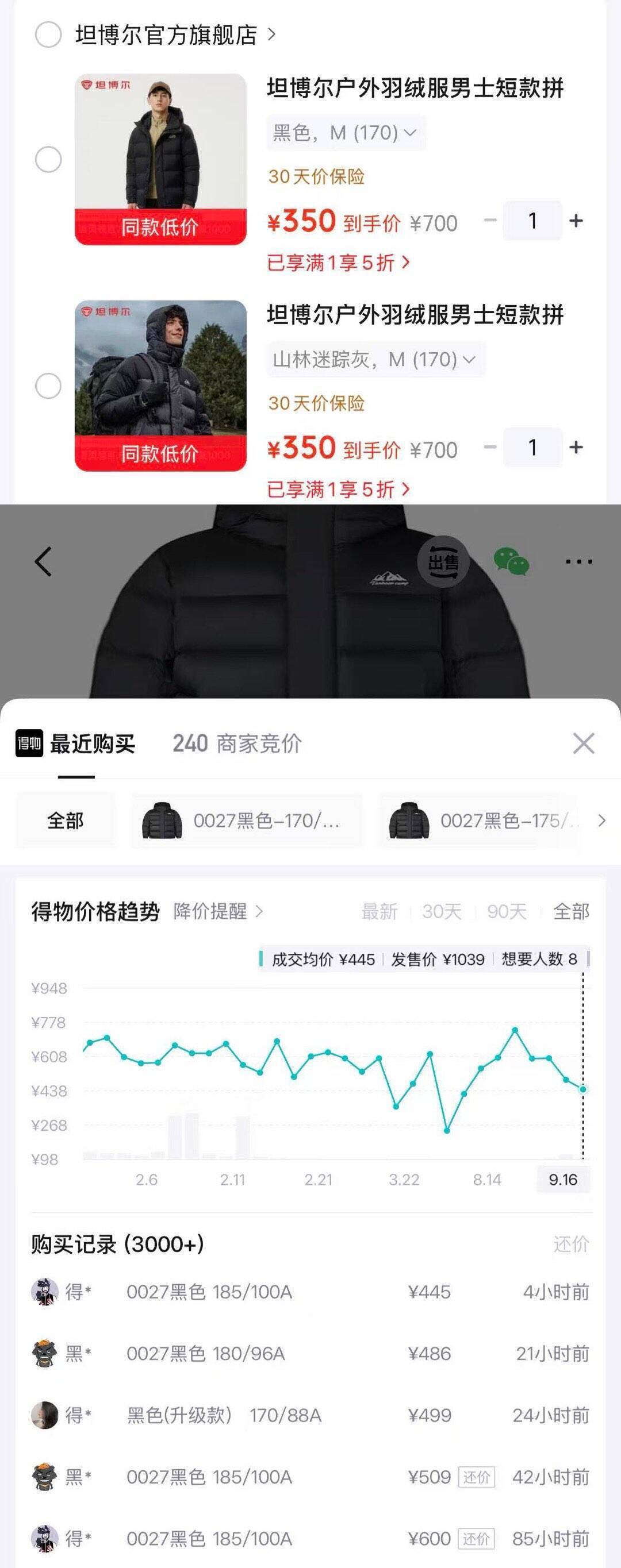 坦博尔羽绒服仅需350元，得物售价高达500元