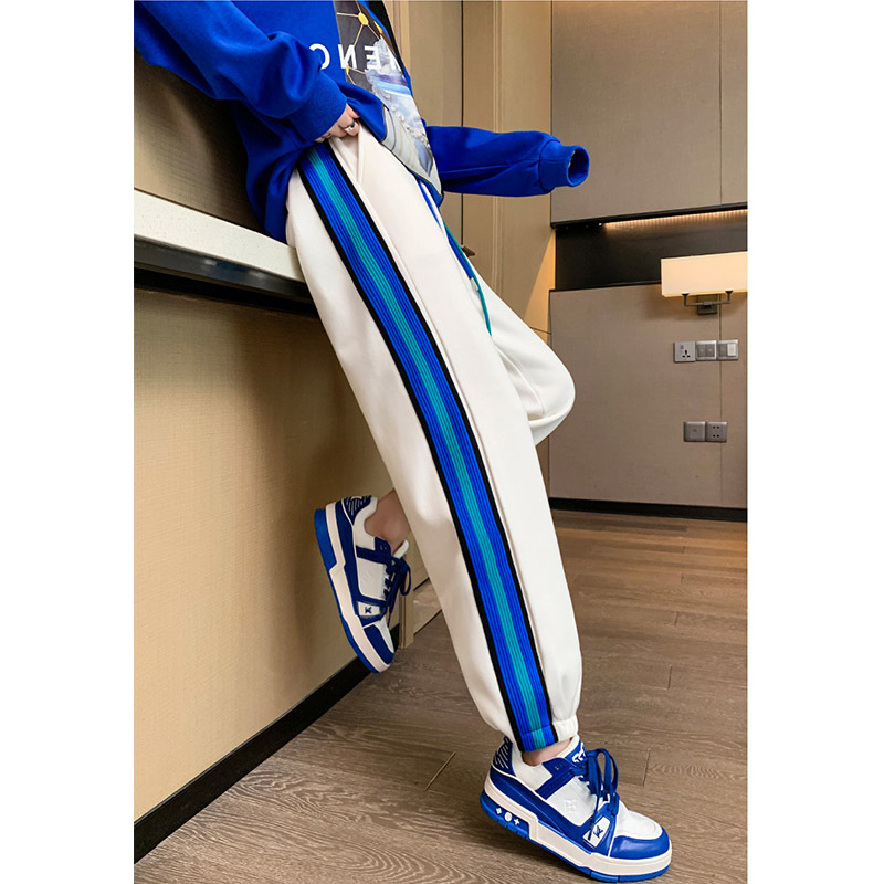 夏季新款裤子宽松休闲运动裤蓝色拼条哈伦裤
