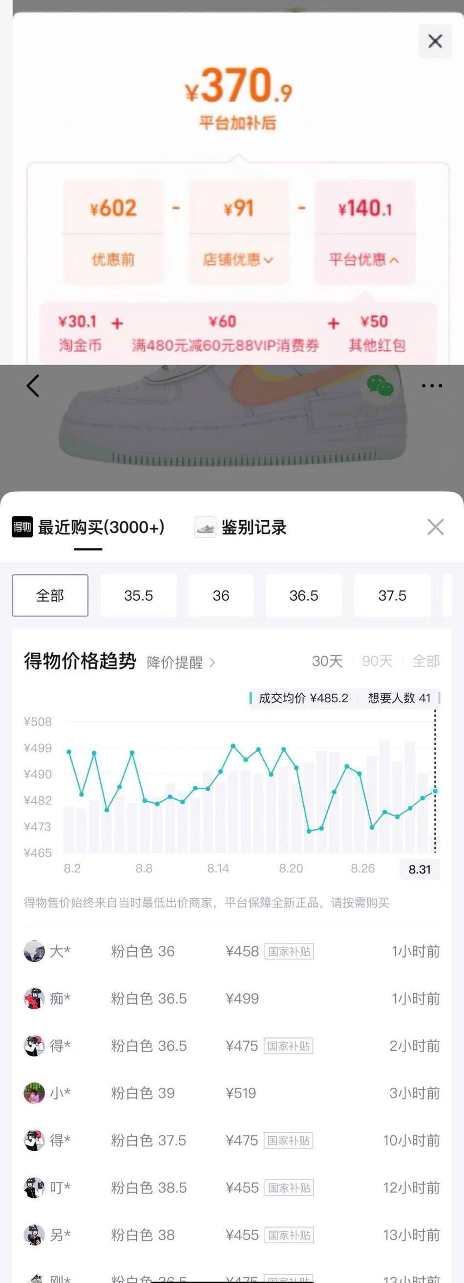 耐克白橙AF1到手370元，得物499元