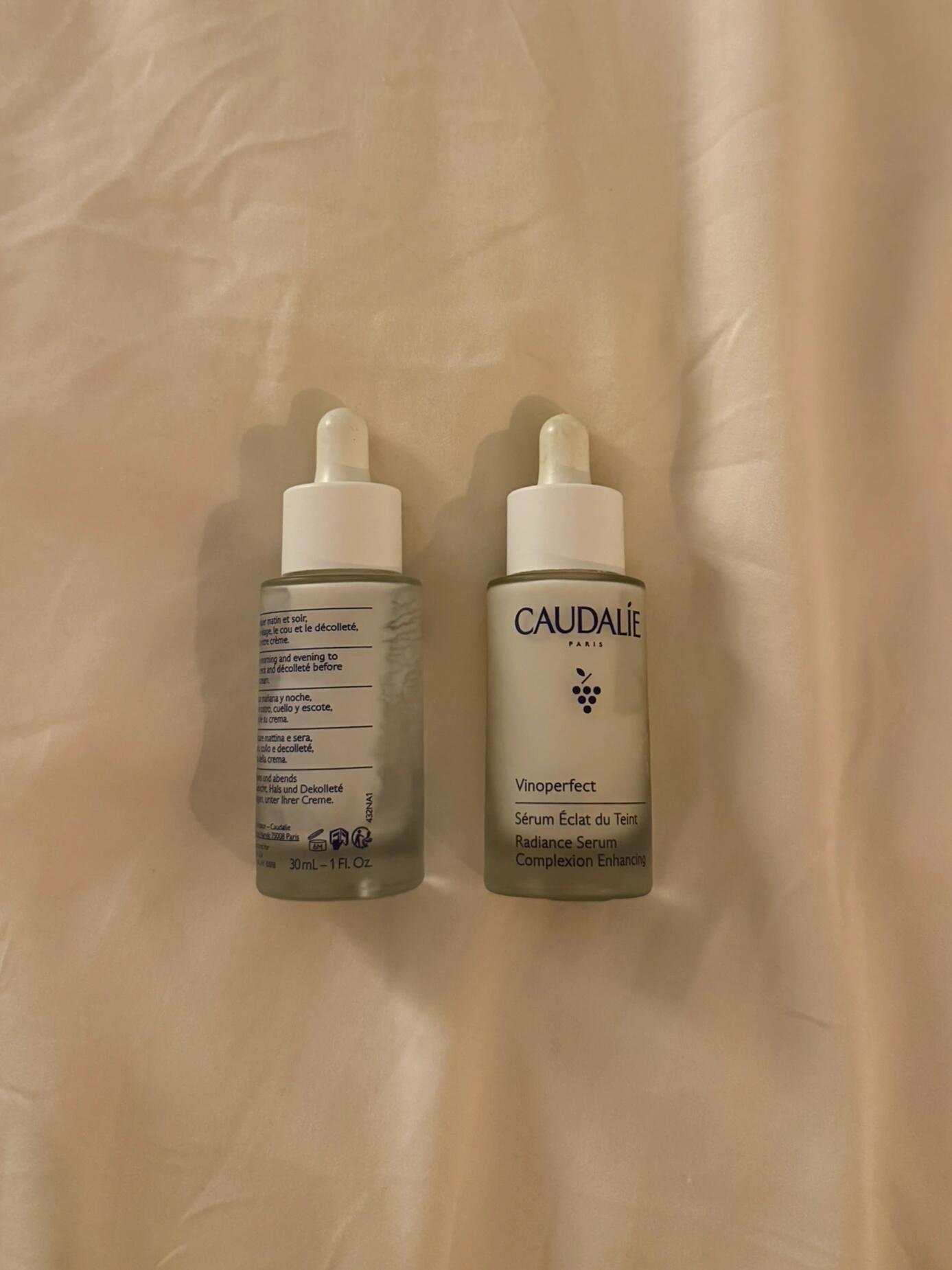Before and after using Caudalie Vinoperfect Serum on skin