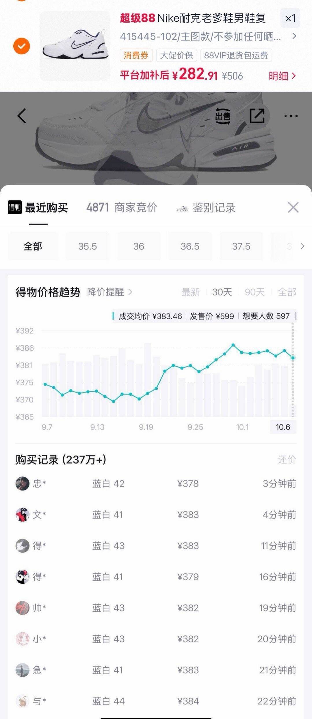 耐克老爹鞋全码补货 叠券后到手283元