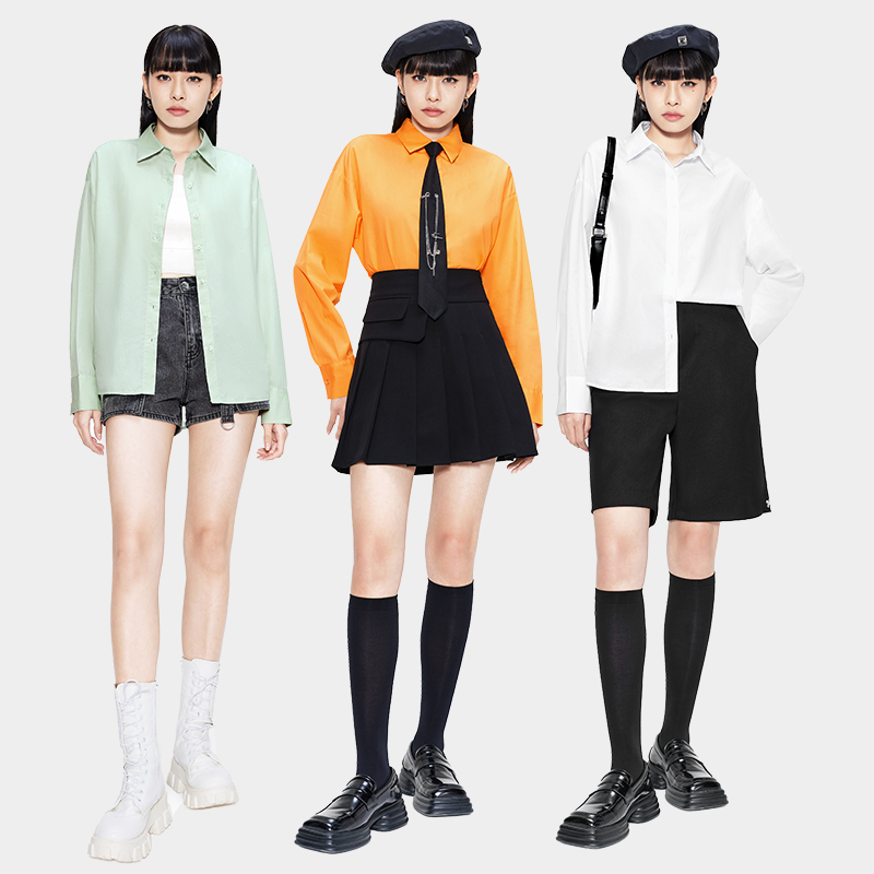 A21女装休闲纯色衬衫2022春新款翻领长袖衬