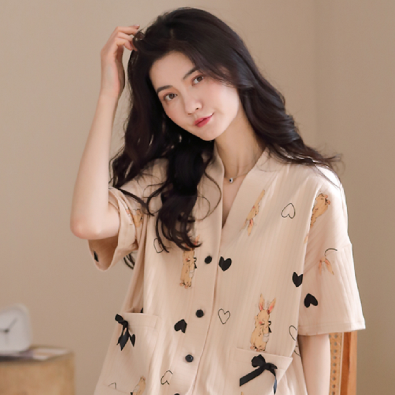 造福鸟夏季日系和服领竹纤棉抗菌睡衣套装