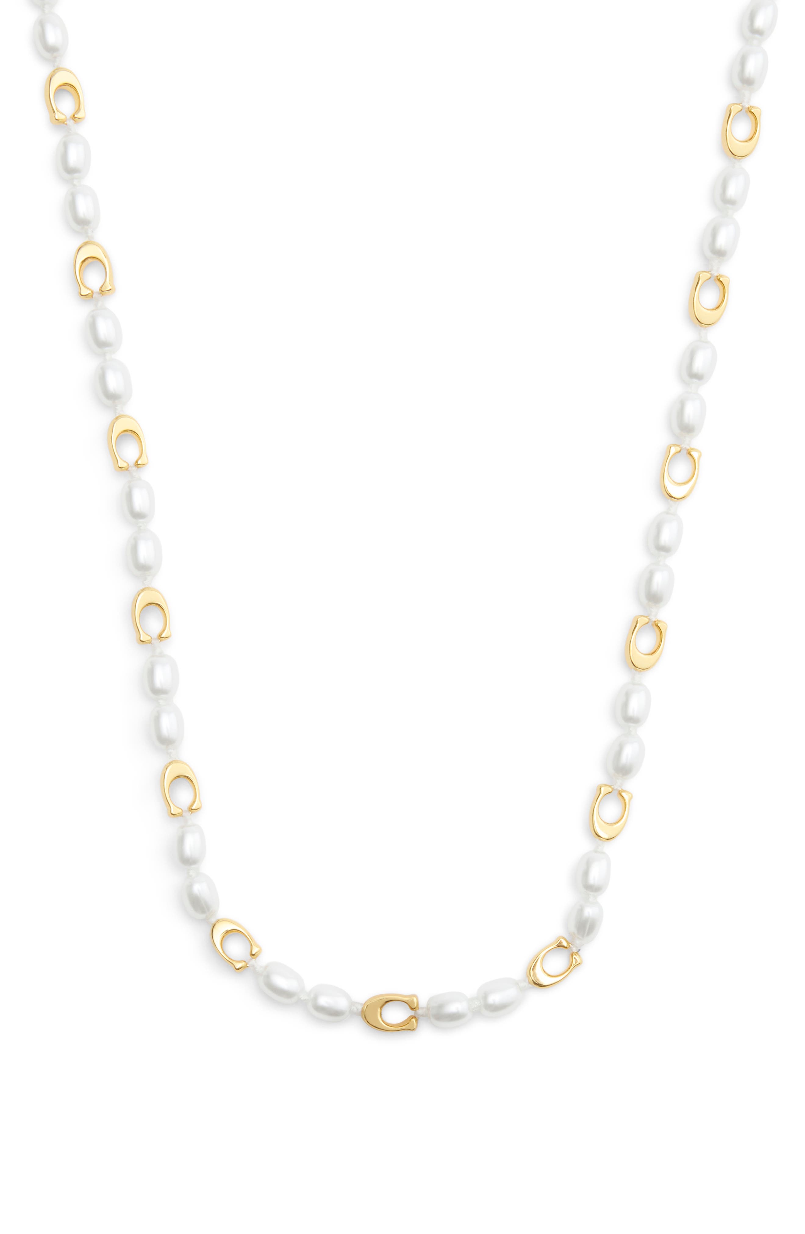 COACH Faux Pearl & Logo Collar Necklace