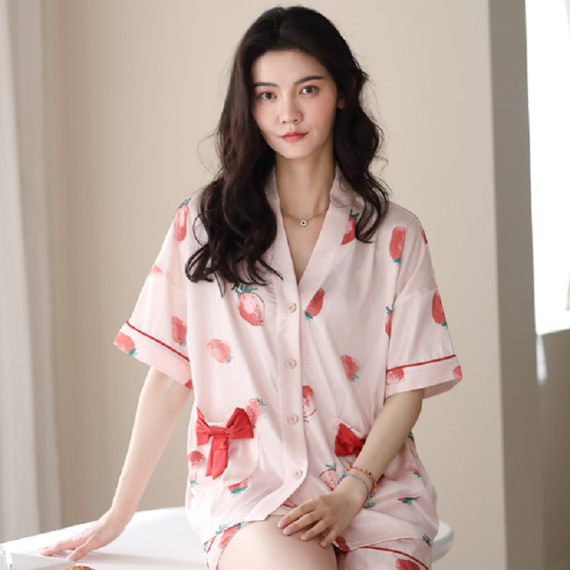 夏季睡衣冰丝短袖甜美水果睡衣睡裙套装