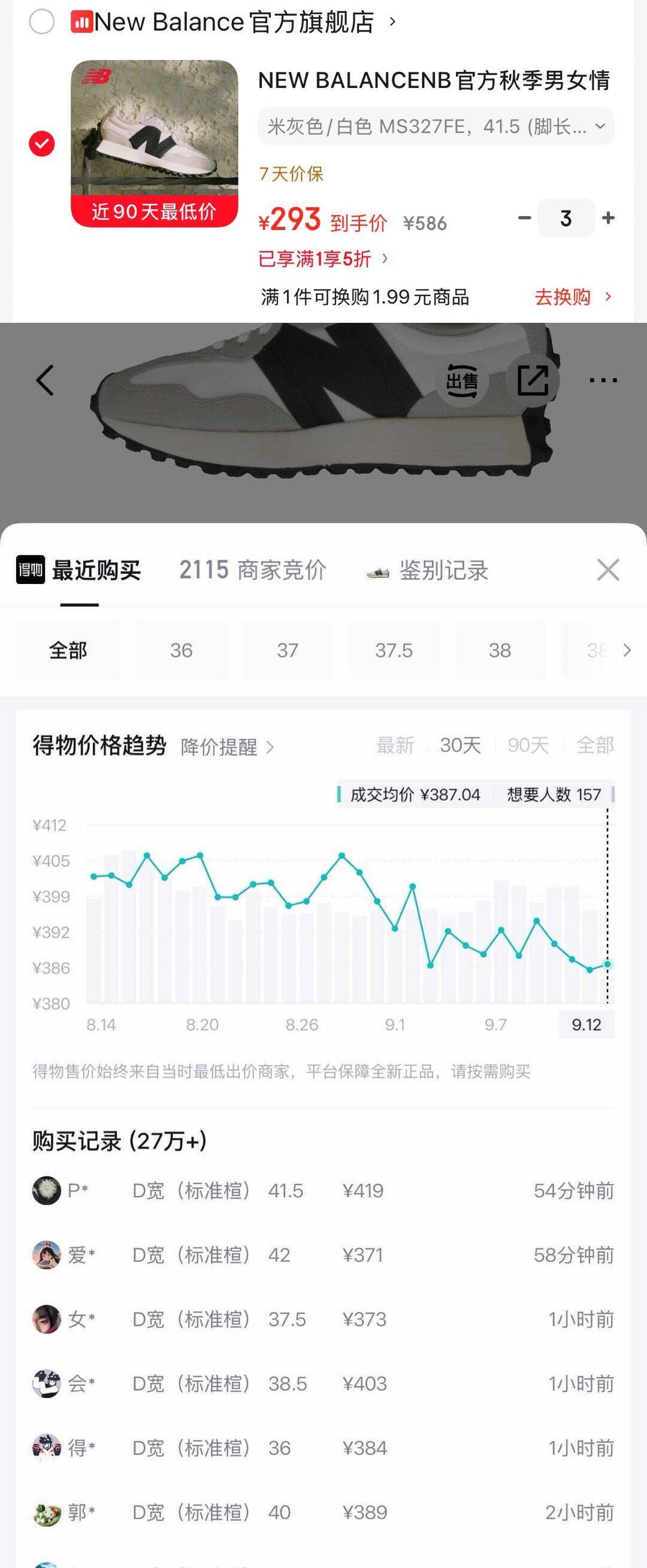 NB 327FE运动鞋5折入手仅需297元，得物热销27万双