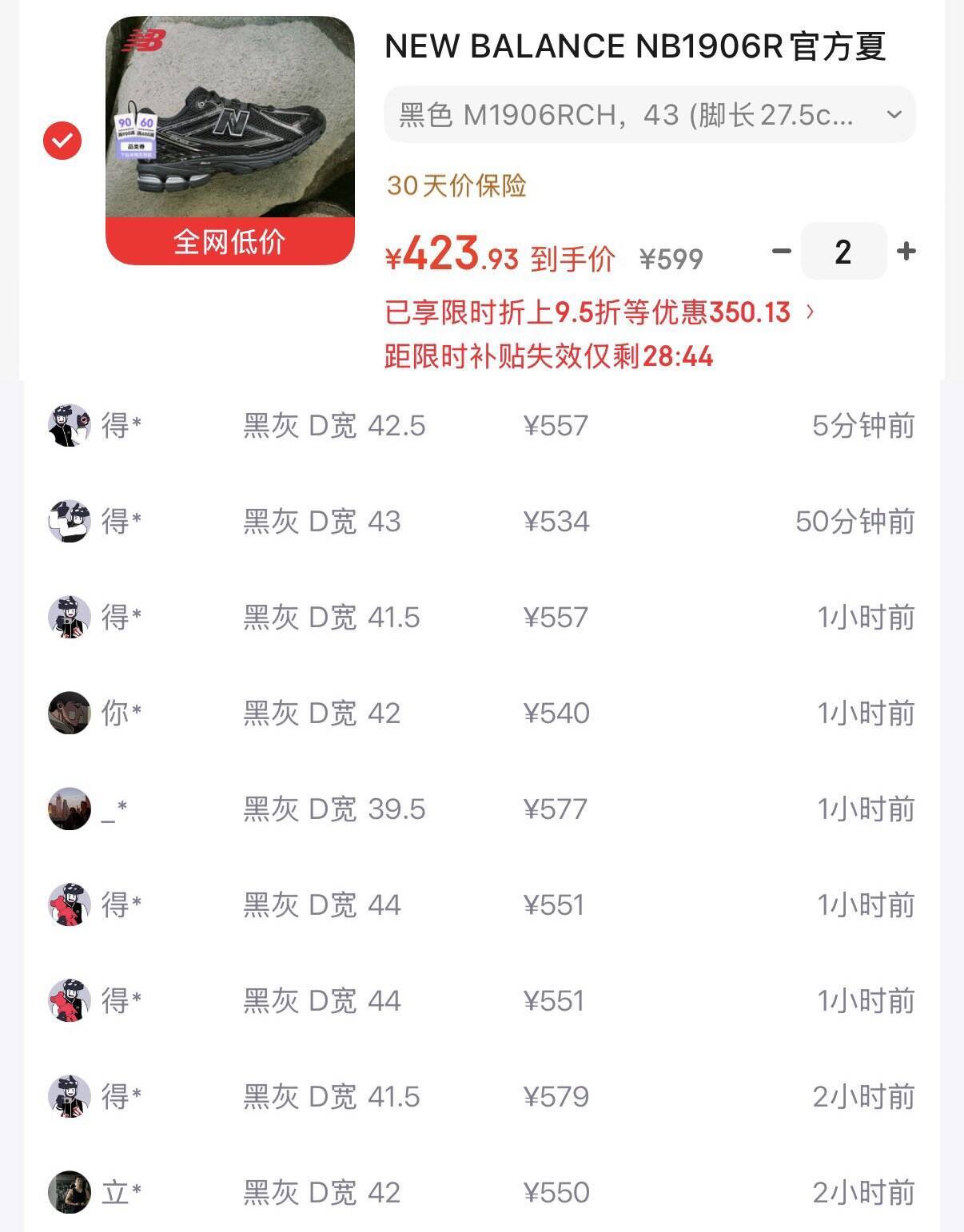 豪车新百伦1906RCH到手423元，得物售价579元