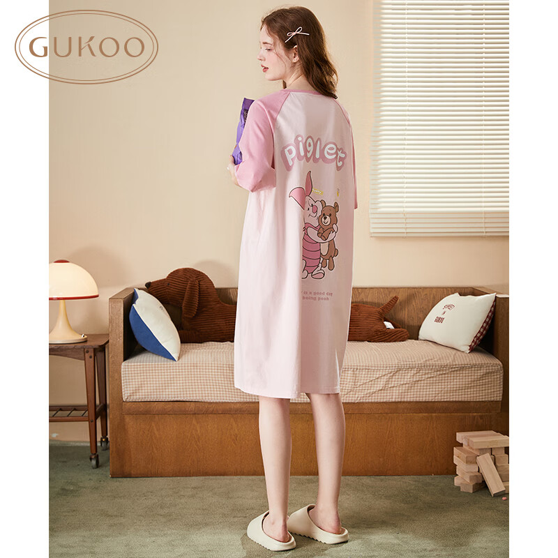 果壳（Gukoo）迪士尼联名睡衣女夏季短袖睡裙卡通印花宽松大码睡裙B 粉色小猪皮杰睡裙 S