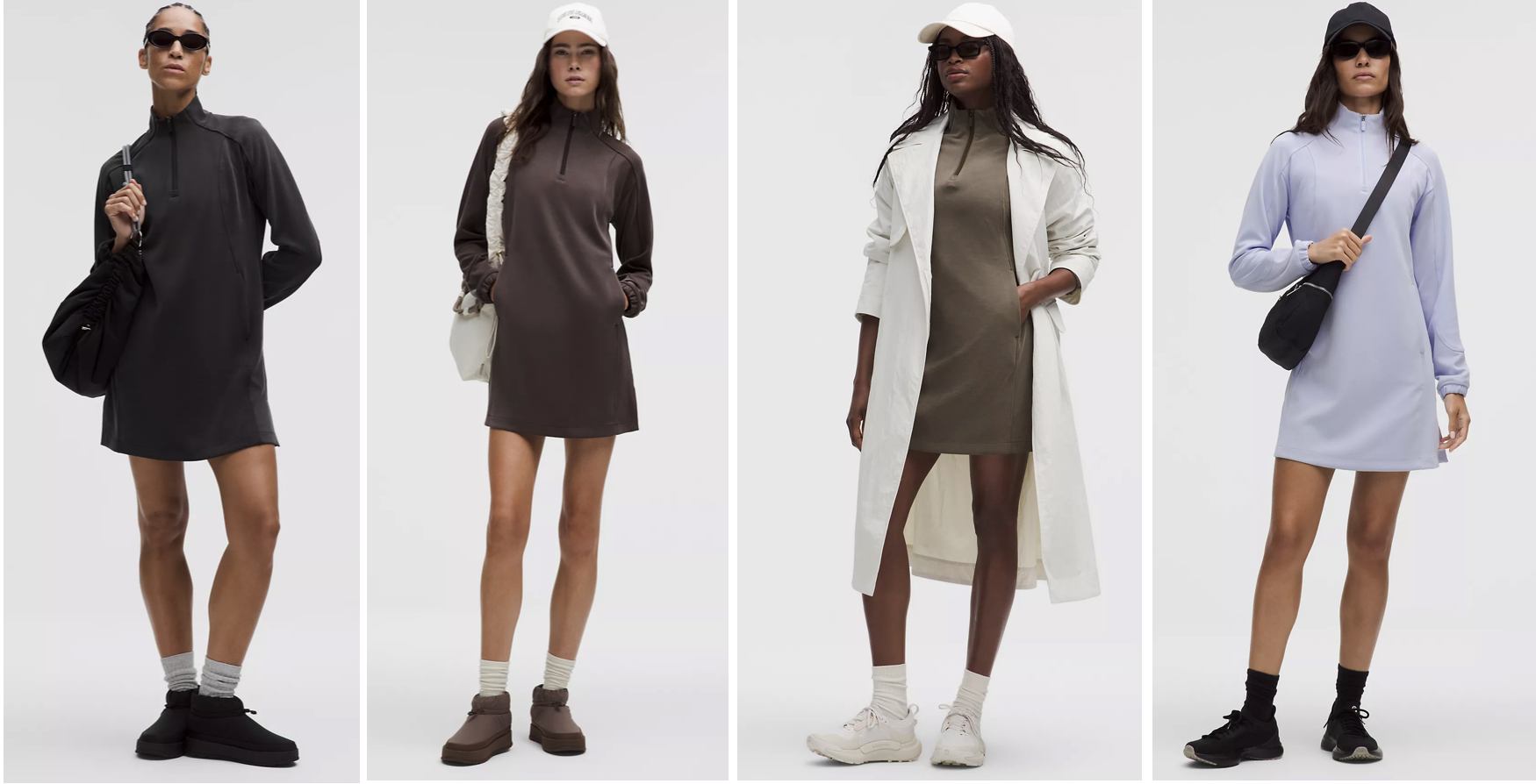 Vanessa wearing the Lululemon Softstreme Half-Zip Mini Dress in an off-white color, styled casually.