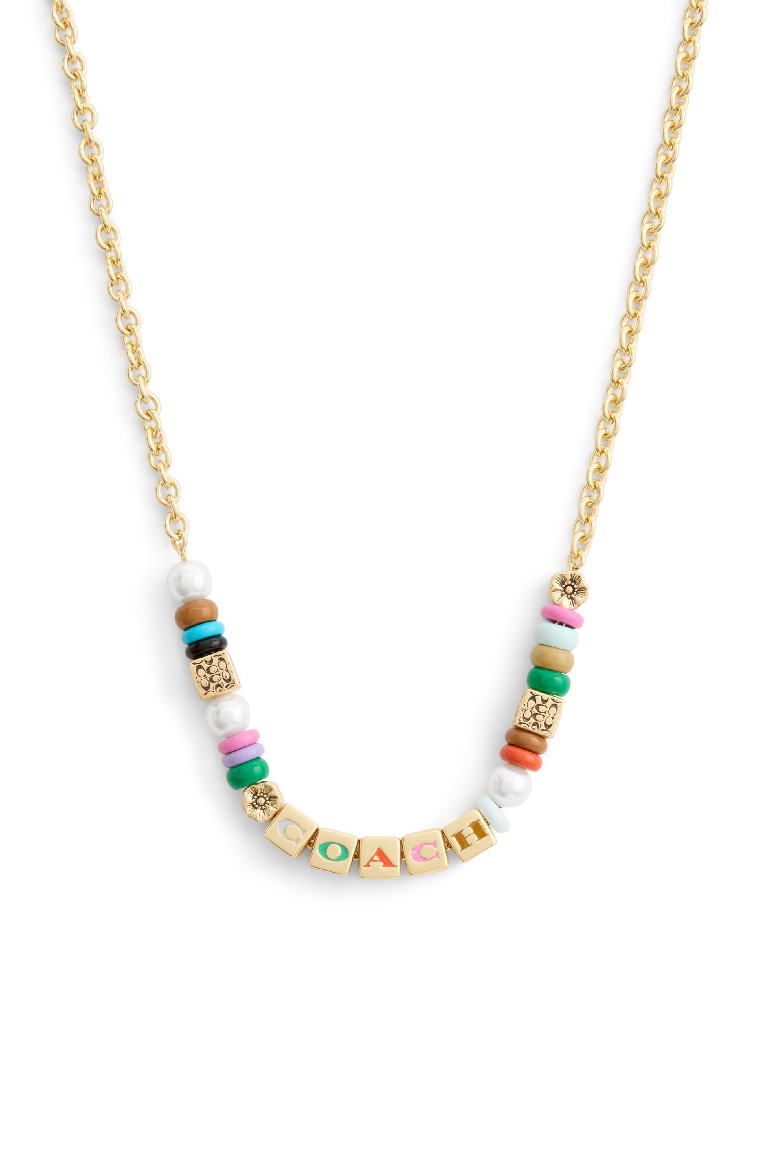 COACH Logo Pendant Multibead Frontal Necklace